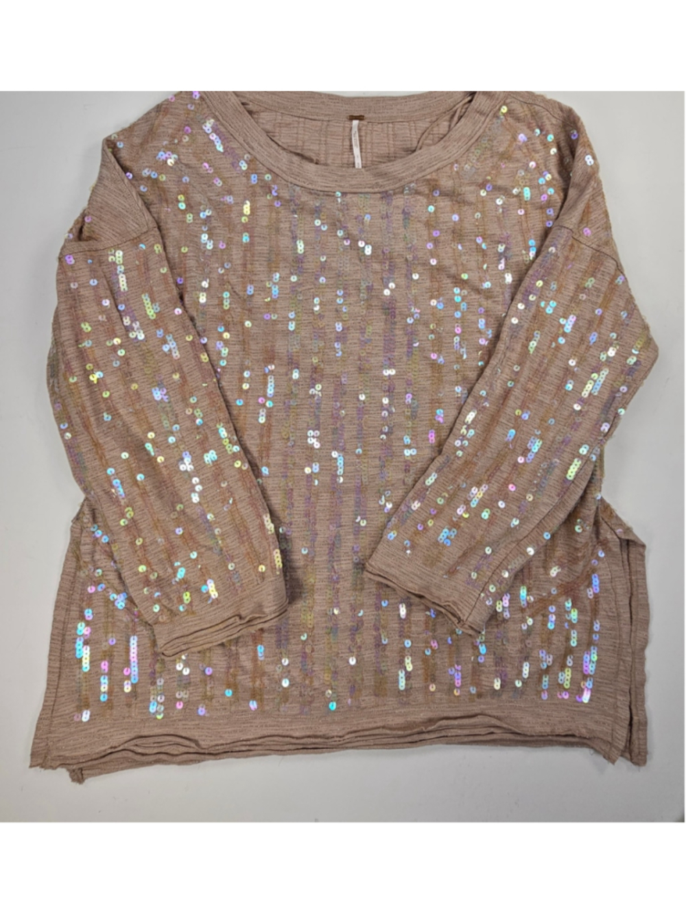 Free People Sequin Knit Poncho Top One Size Taupe Iridescent Oversized Boho